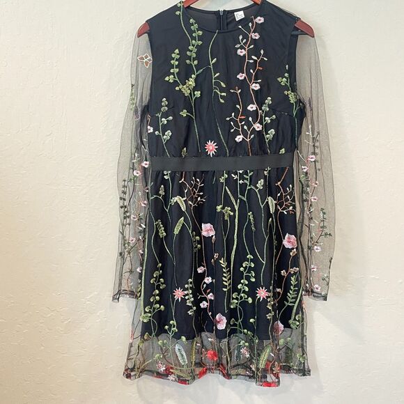 ~ Lg Floral Boho Sheer Dress Botanical Black Flowers Long Sleeve Bohemian Knee - Picture 1 of 14